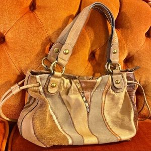 Leather Fossil Brand Patchwork Purse, top zip, brown, shoulder bag, medium size